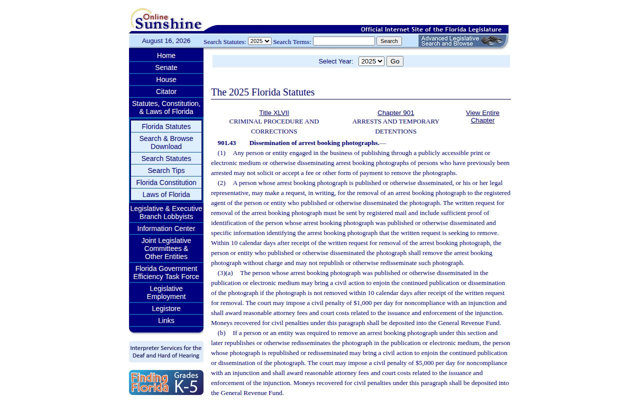 Florida law governing Osceola County booking photograph removal