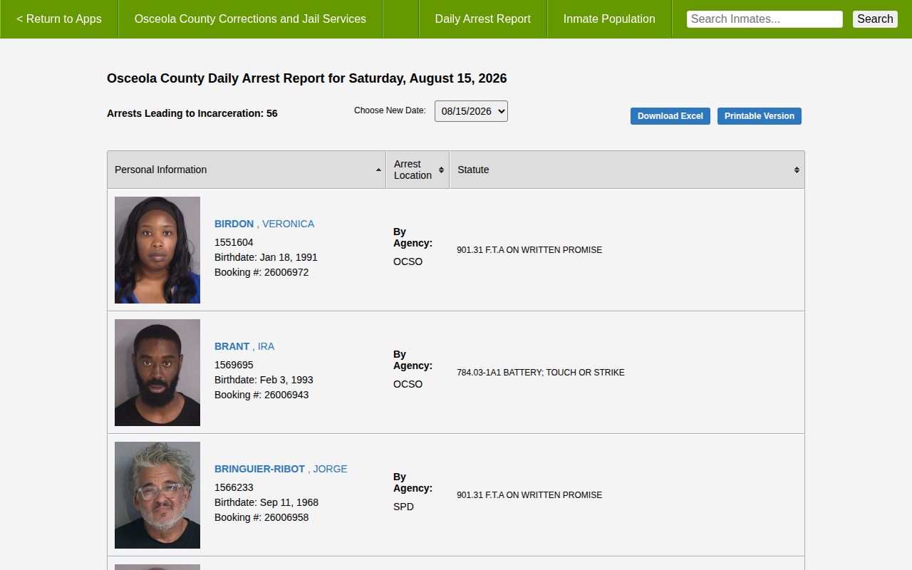 Osceola County daily arrest and booking report selector