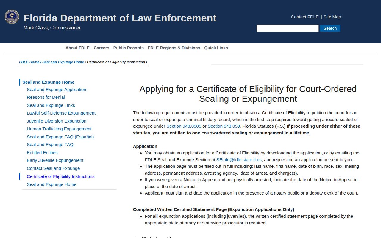 FDLE instructions for sealing an Osceola County arrest record