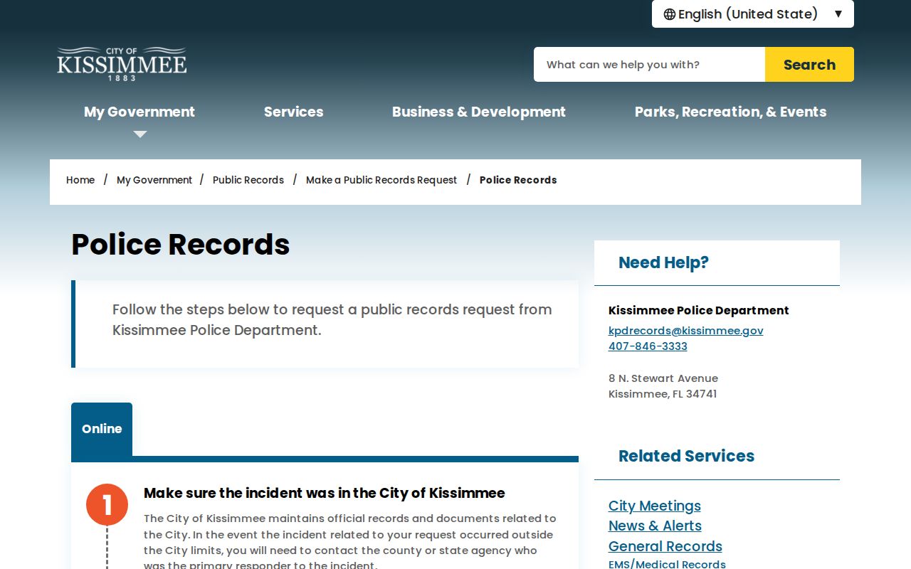 Kissimmee Police records request page for Osceola County arrest records