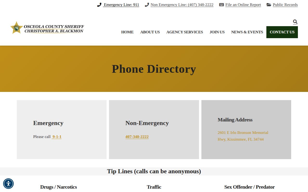 Osceola County warrant record phone directory from the Sheriff